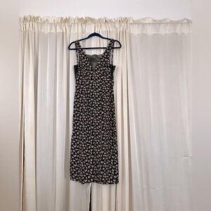 V neck black floral midi dress